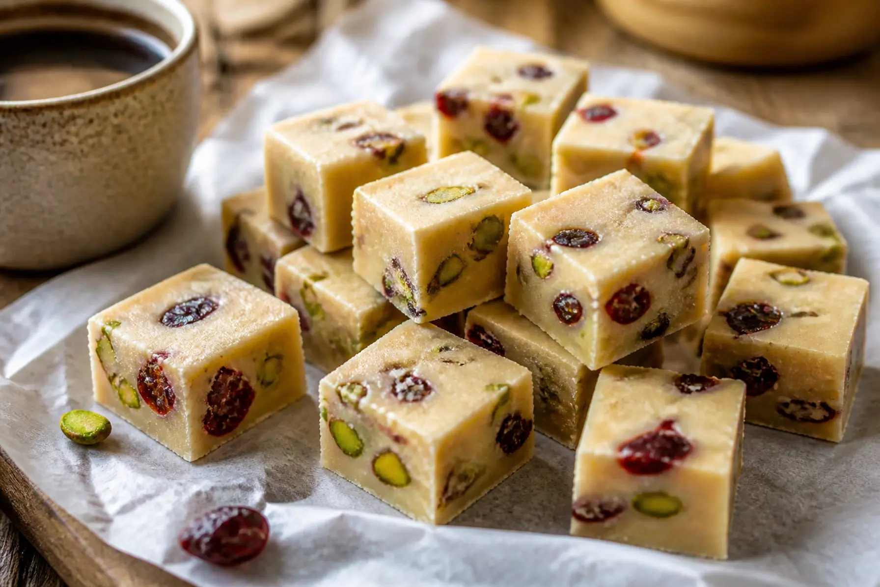 Blød fudge med pistacie og tranebær