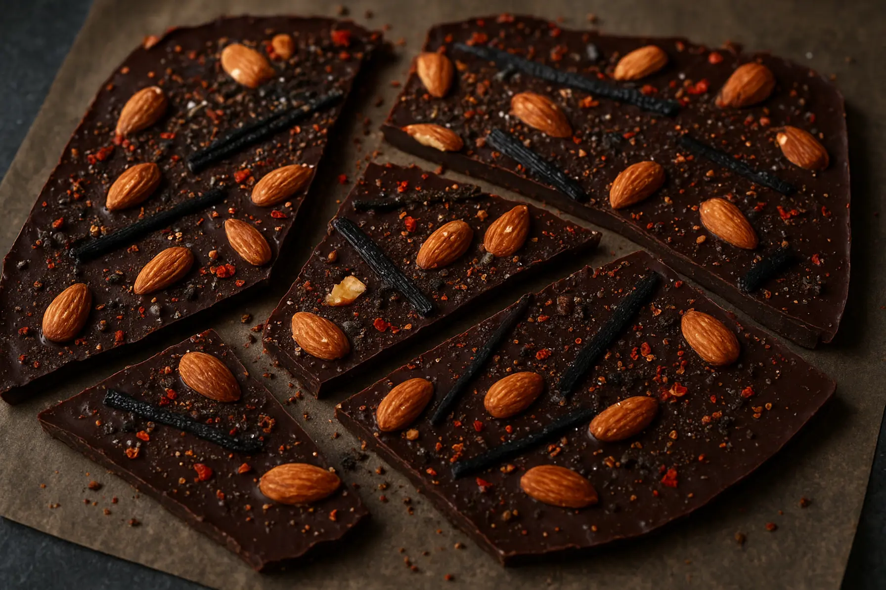 Dyb chokoladebark med mandler, lakrids og chili