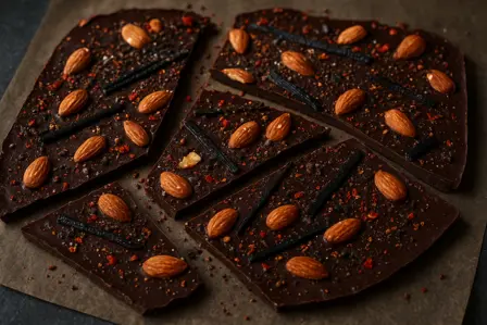 Dyb chokoladebark med mandler, lakrids og chili